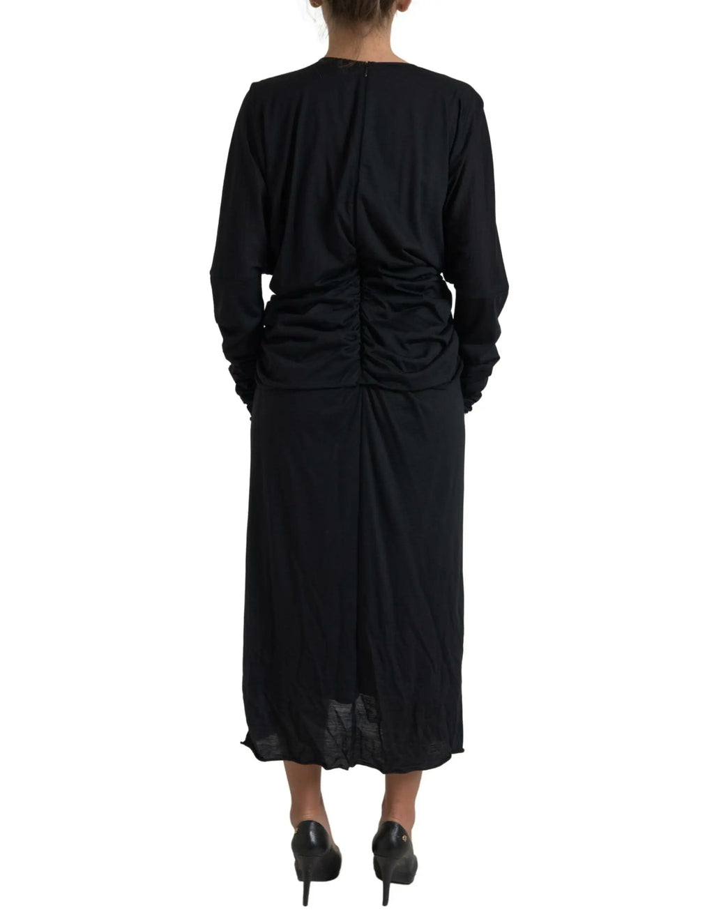 Robe midi noire dolce & gabbana en laine avec dos froncé et ourlet transparent vue arrière