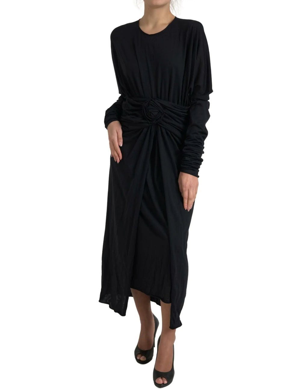 Robe midi noire en laine dolce & gabbana avec taille drapée et ourlet asymétrique manches longues