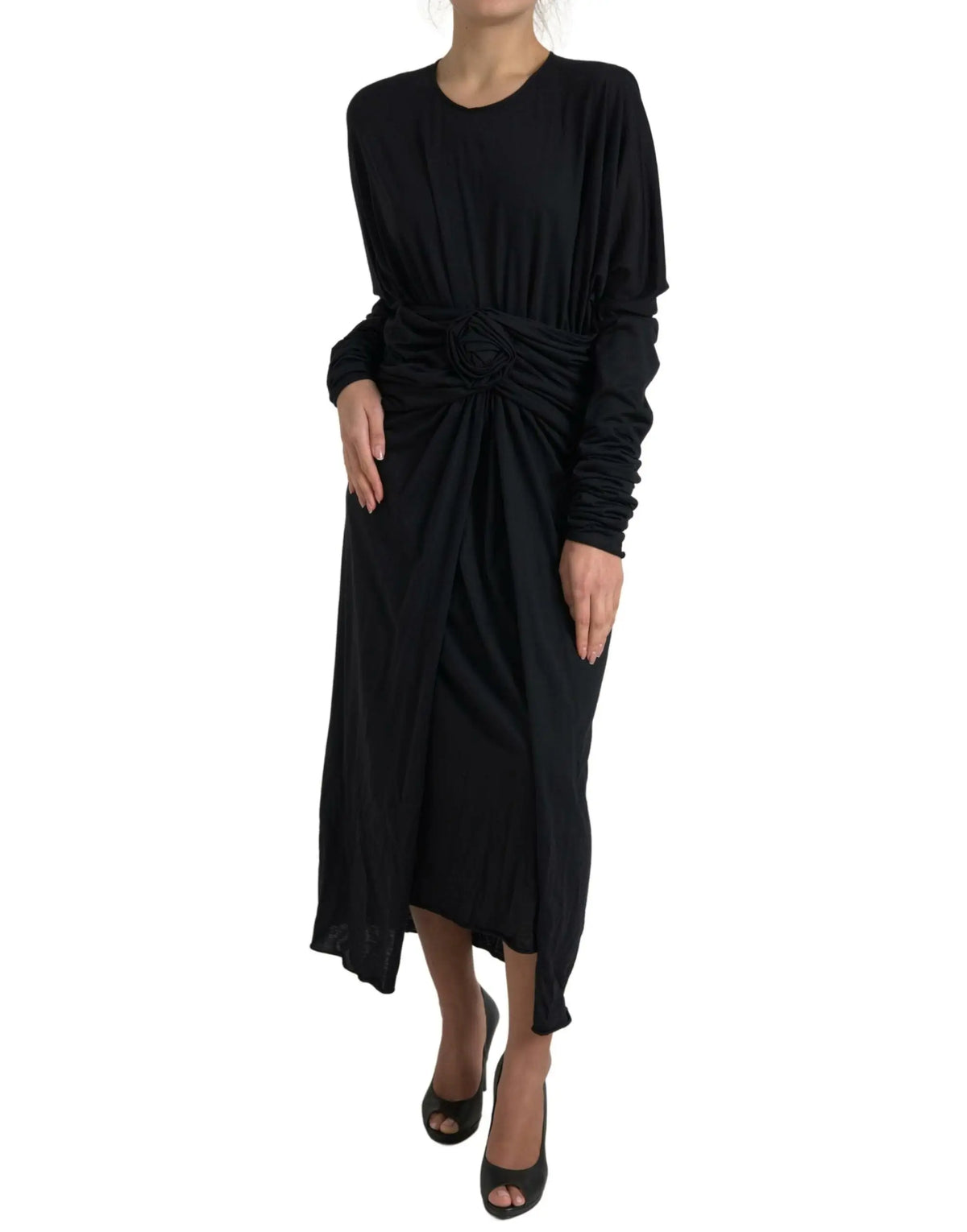 Robe midi noire en laine dolce & gabbana avec taille drapée et ourlet asymétrique manches longues