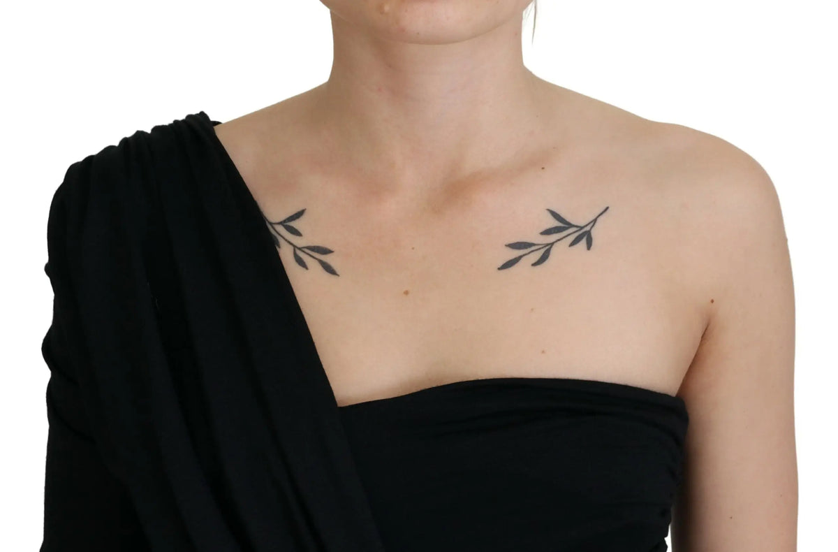 Robe fourreau noire en laine dolce gabbana avec tatouages de branches dolive noires sur les épaules