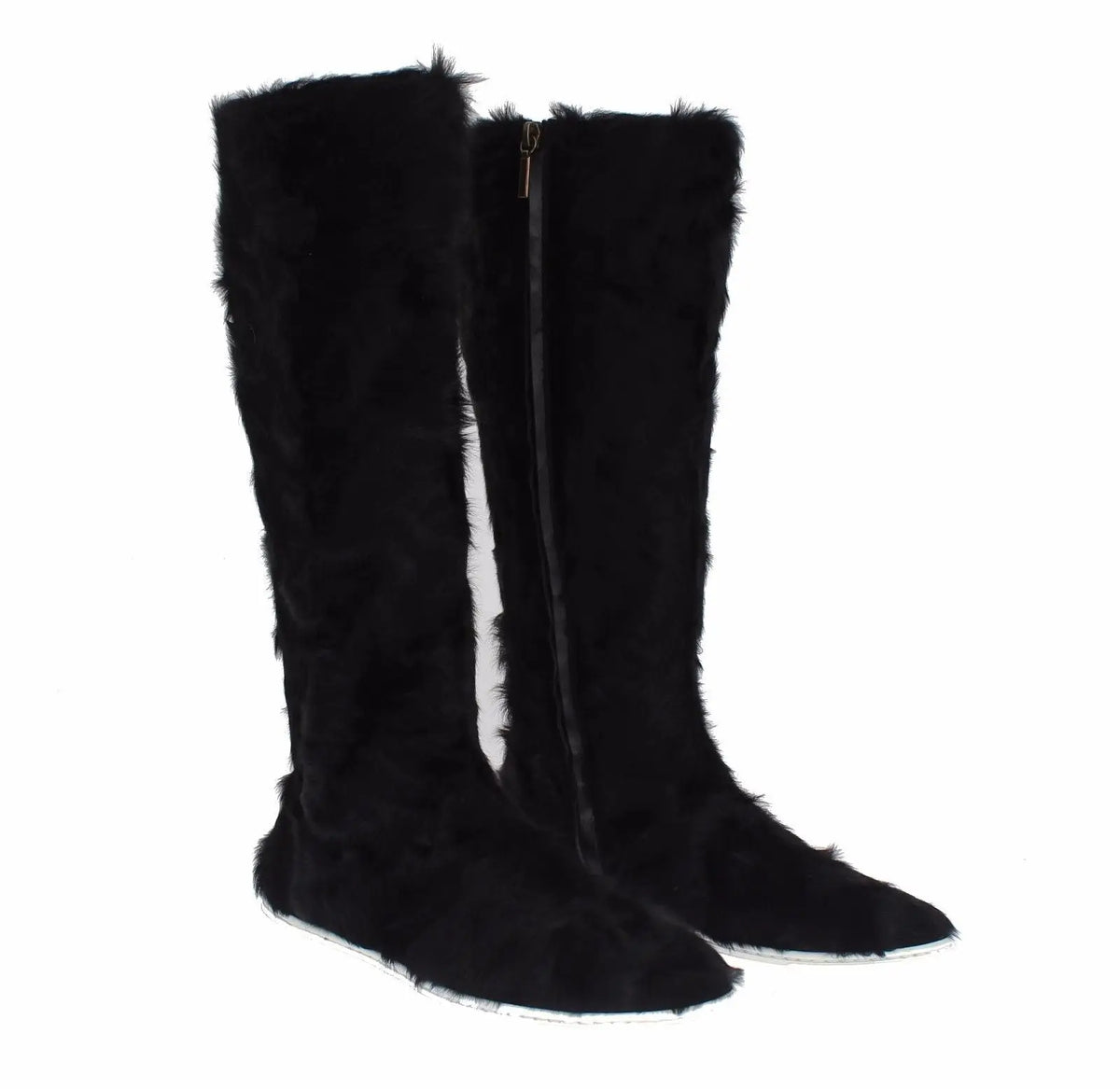 Dolce & gabbana black xiangao lamb fur leather boots with black faux fur lining and white soles in a minimalist style