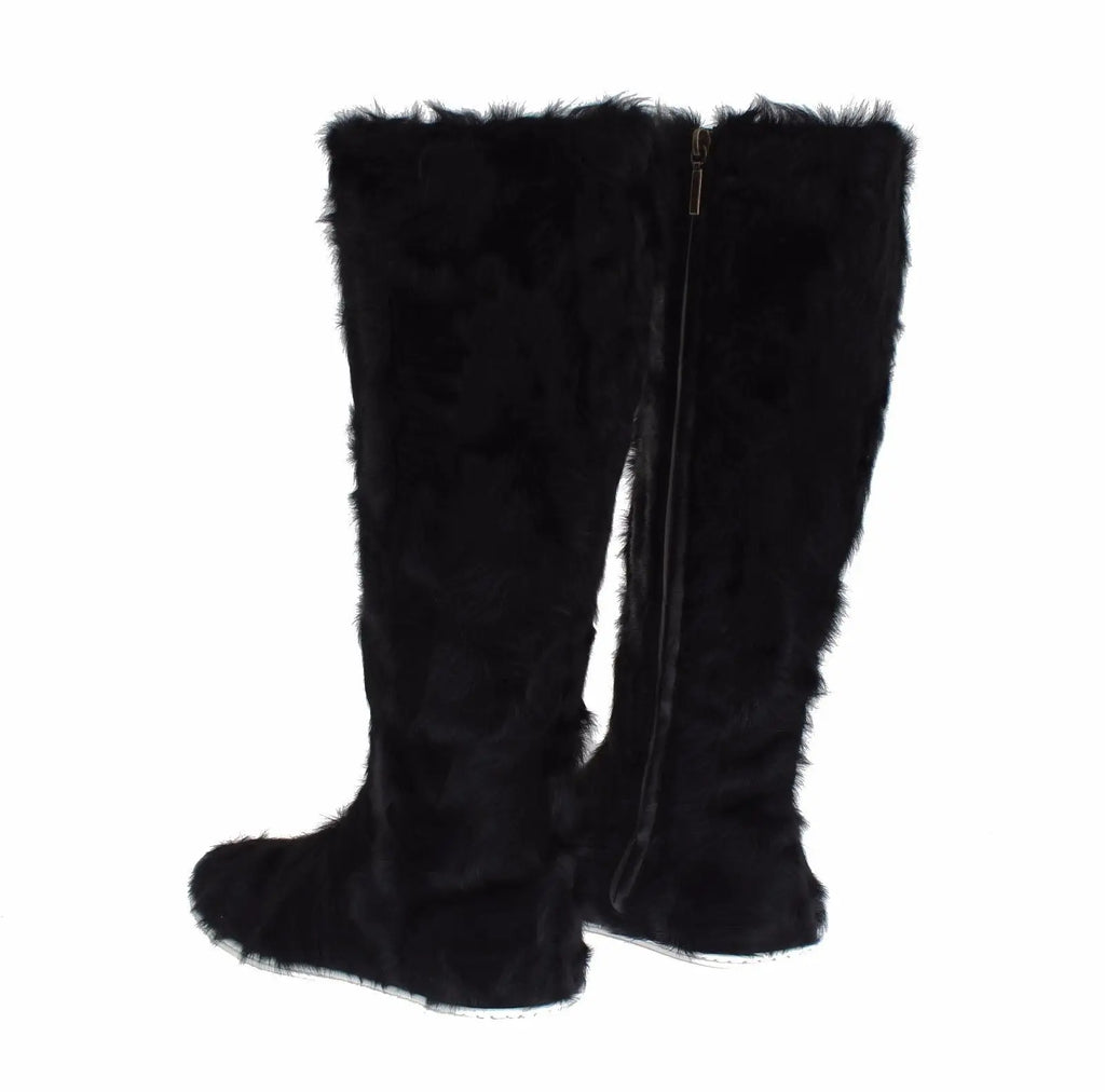 Dolce & gabbana bottes noires xiangao en cuir et fausse fourrure de mouton vue arrière avec fermeture éclair