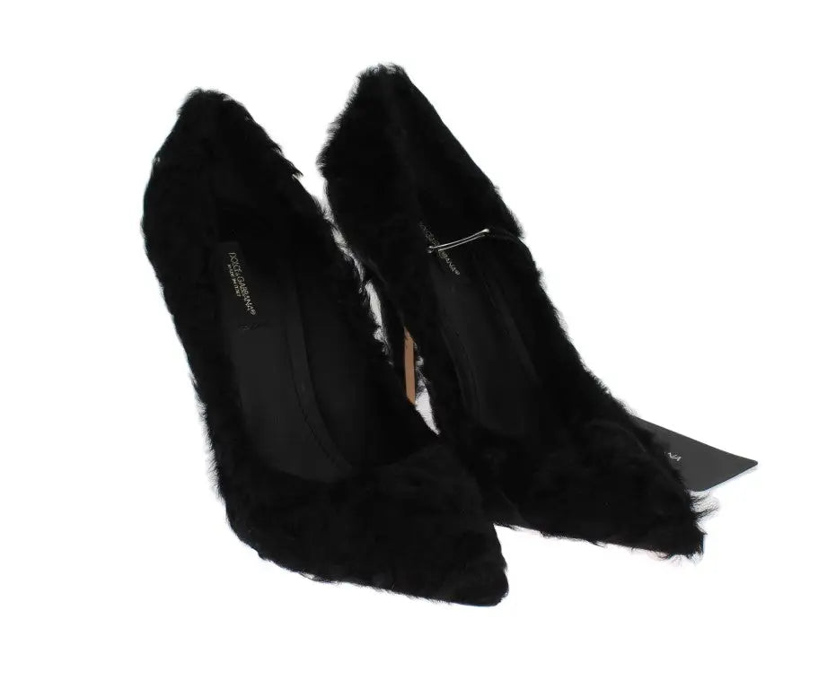 Dolce & gabbana black xiangao lamb fur leather pumps with plush fluffy fur lining and high heels