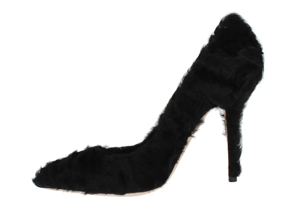 Dolce & gabbana black xiangao lamb fur leather pump avec talon aiguille et bout pointu en fourrure noire