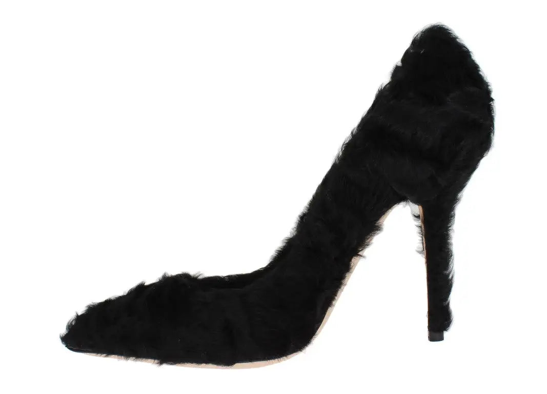 Dolce & gabbana black xiangao lamb fur leather pump avec talon aiguille et bout pointu en fourrure noire