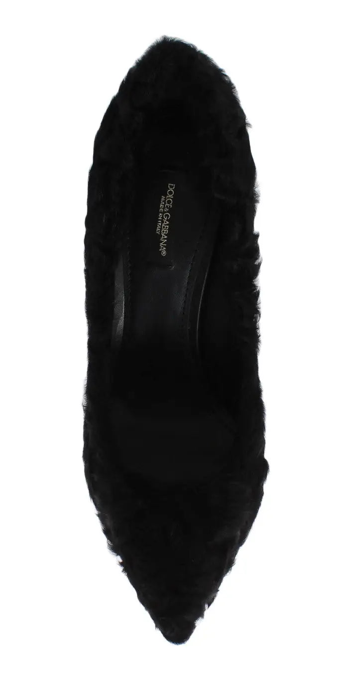 Dolce & gabbana xiangao noir escarpins en cuir avec dessus en fourrure dagneau pelucheuse