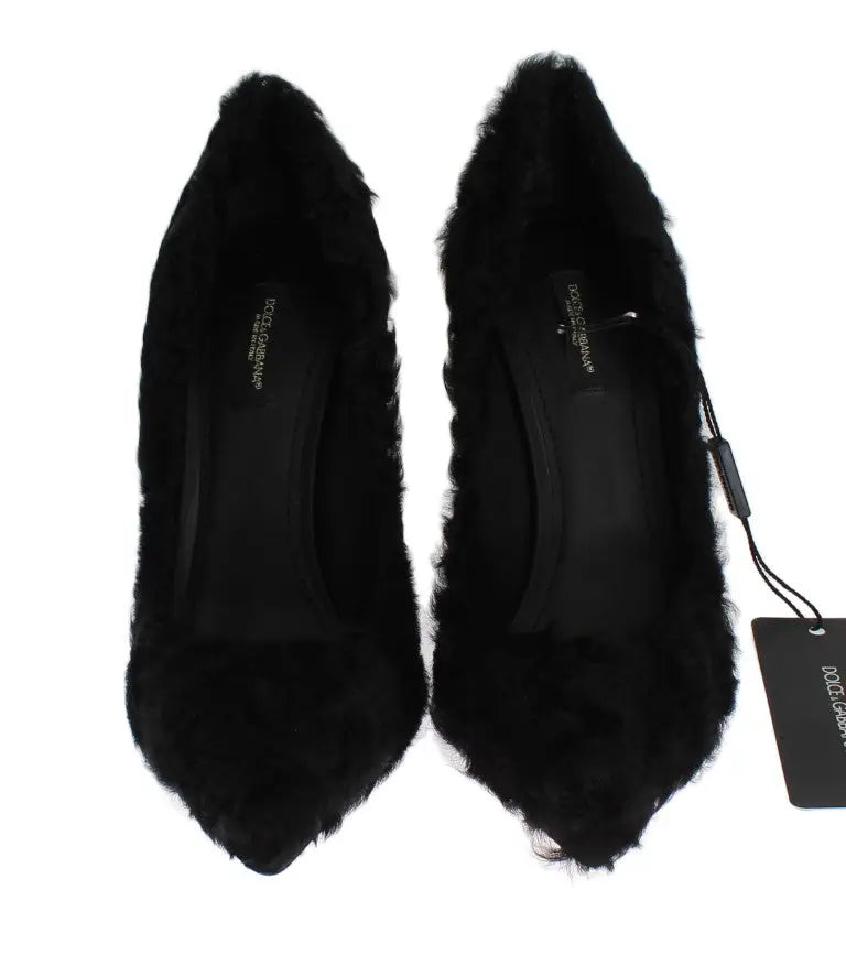 Dolce & gabbana black xiangao lamb fur leather pumps with plush fluffy fur lining and high heels