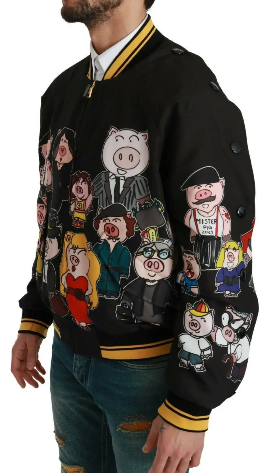Dolce & gabbana bomber noir avec motifs cochon cartoon colorés et finitions jaunes au col, poignets et taille