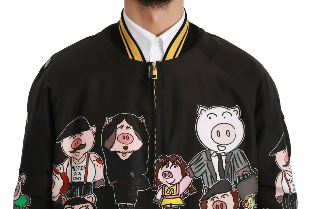 Dolce & gabbana bomber noir avec imprimé cochon et personnages cartoon colorés en différentes tenues