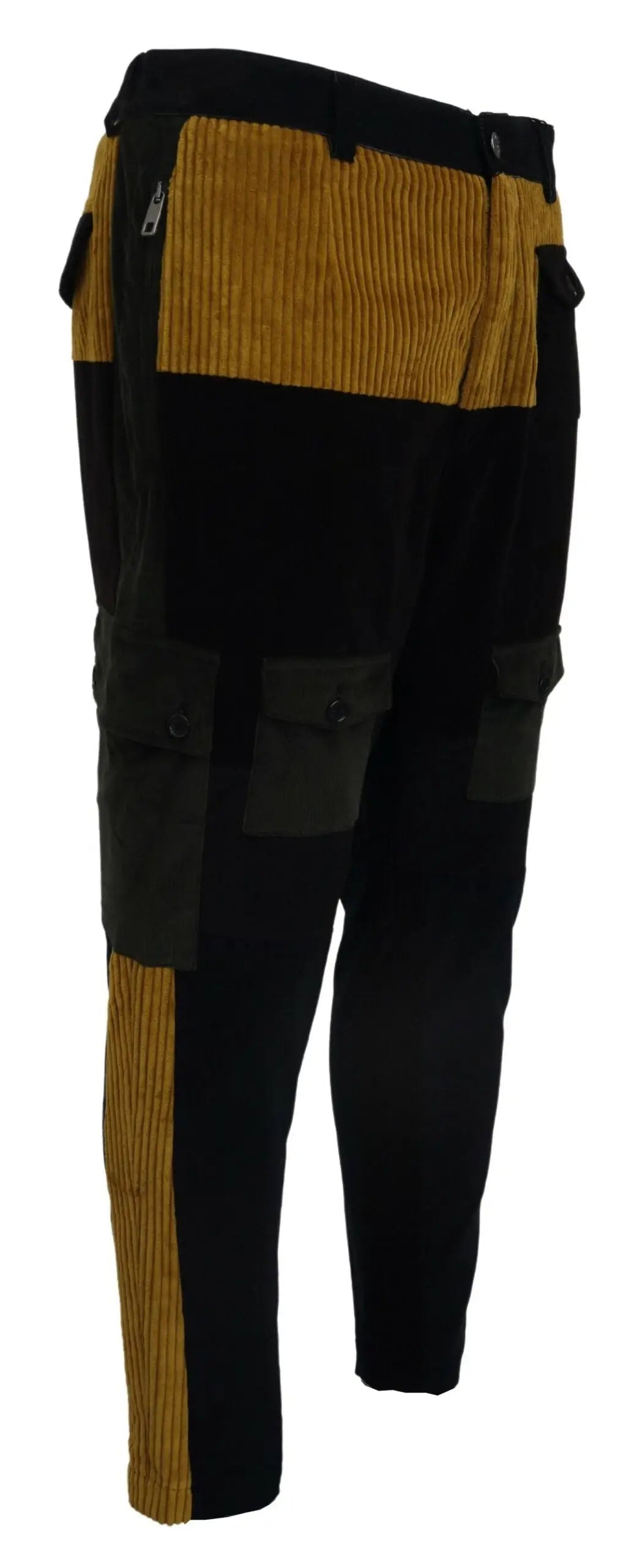 Pantalon cargo patchwork en velours côtelé noir et jaune moutarde pour homme en coton dolce & gabbana