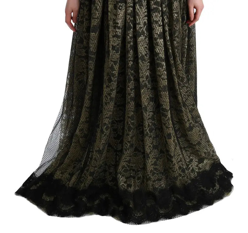Jupe fluide en dentelle vert olive foncé avec motifs floraux et ourlet festonné noir pour robe dolce & gabbana noire jaune cristal