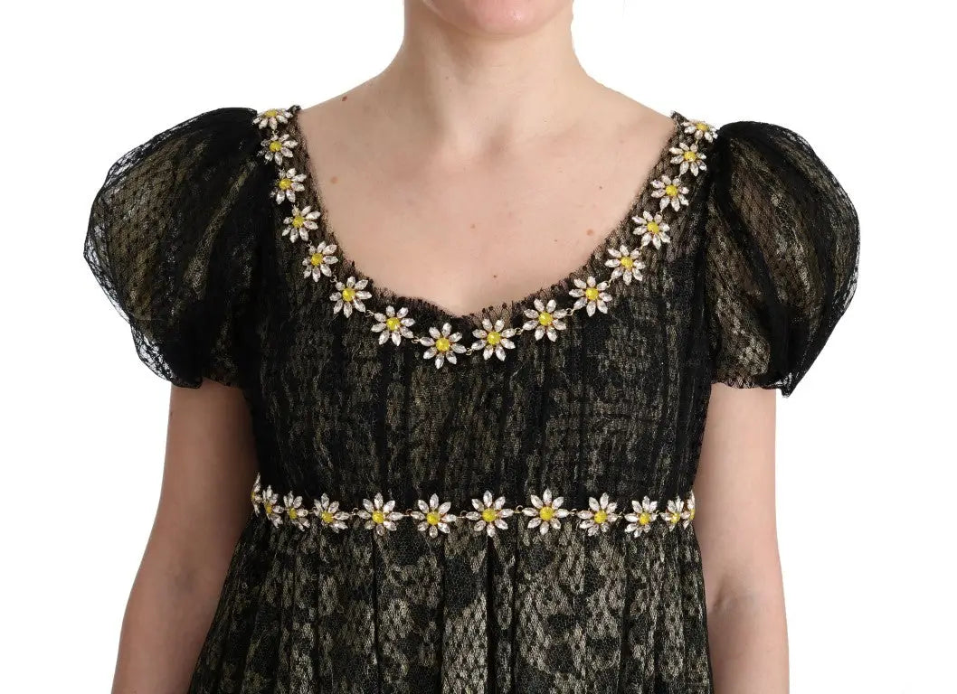 Robe droite en dentelle noire dolce gabbana ornée de marguerites délicates blanches et jaunes cristaux