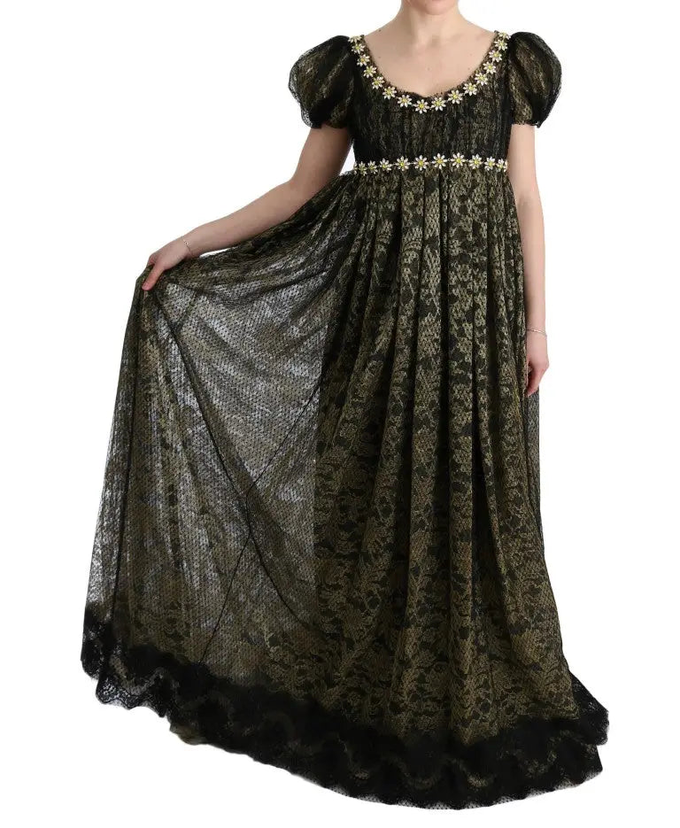 Élégante robe droite dolce & gabbana en dentelle noire avec broderie florale dorée et manches bouffantes