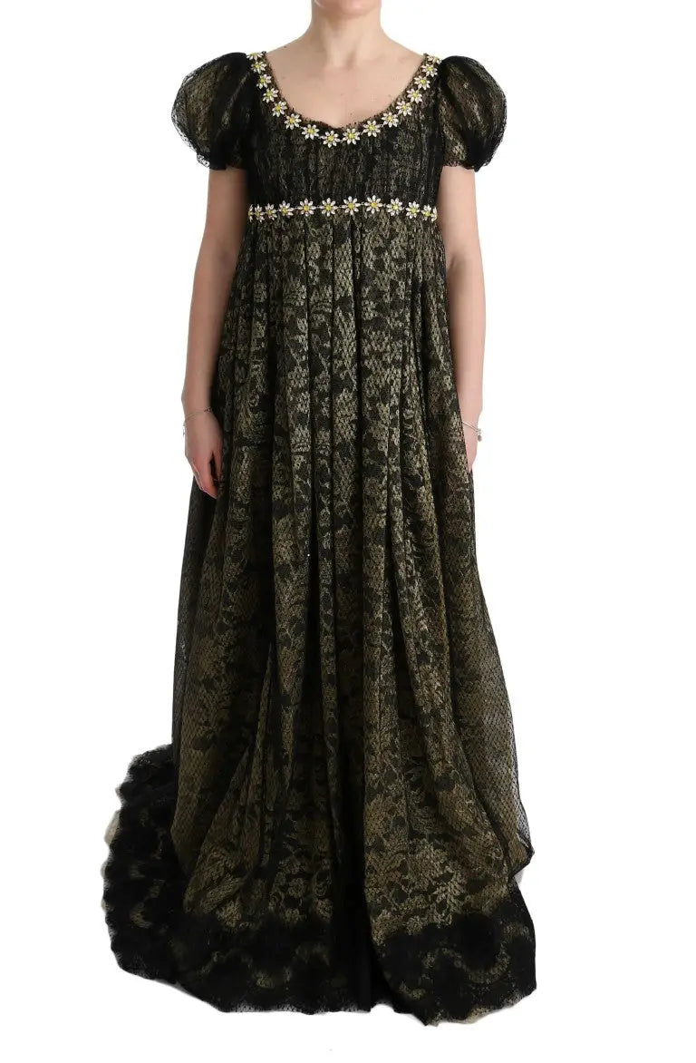 Robe noire dolce gabbana en dentelle orné de broderies florales jaunes avec manches bouffantes élégantes