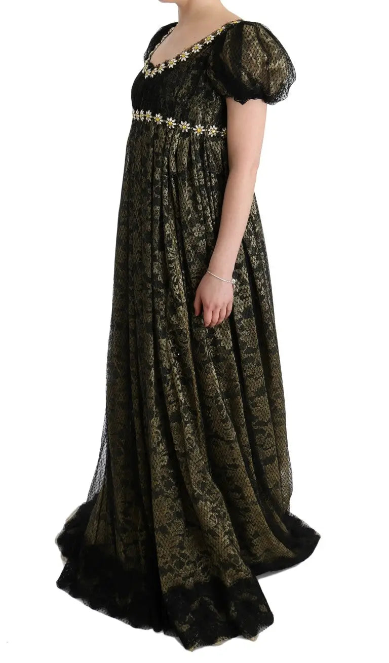 Robe droite dolce & gabbana en dentelle noire avec broderie florale jaune dorée et manches bouffantes