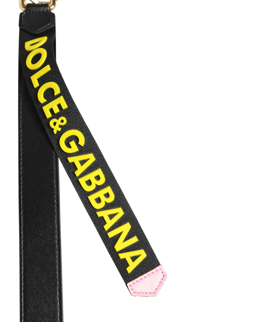 Porte-clés dolce & gabbana en cuir noir avec logo jaune et extrémité rose cousue en pointillé