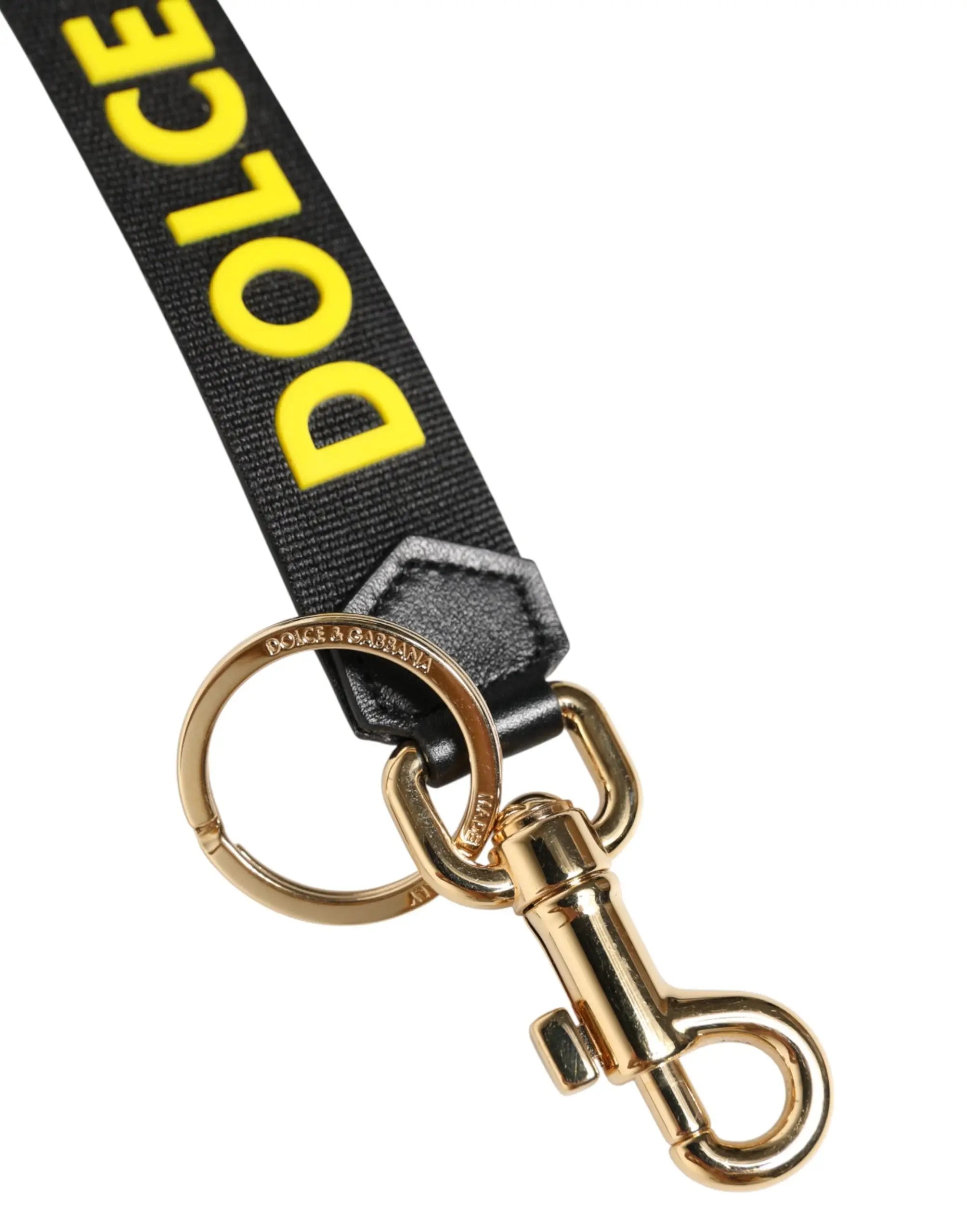 Lanyard noir dolce & gabbana avec lettrage jaune en cuir et attache porte-clés en laiton doré