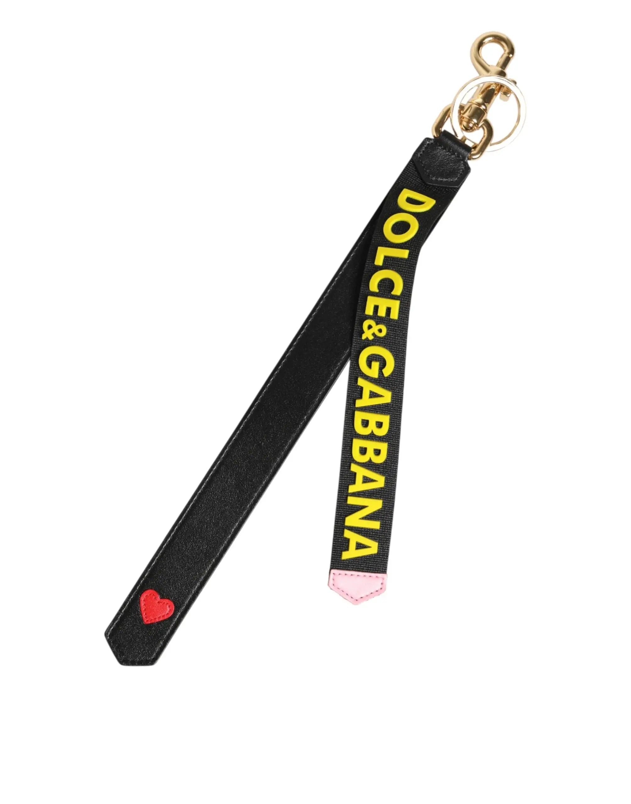 Porte-clés dolce & gabbana en cuir noir avec lettrage jaune et coeur rouge pour tenir les clés