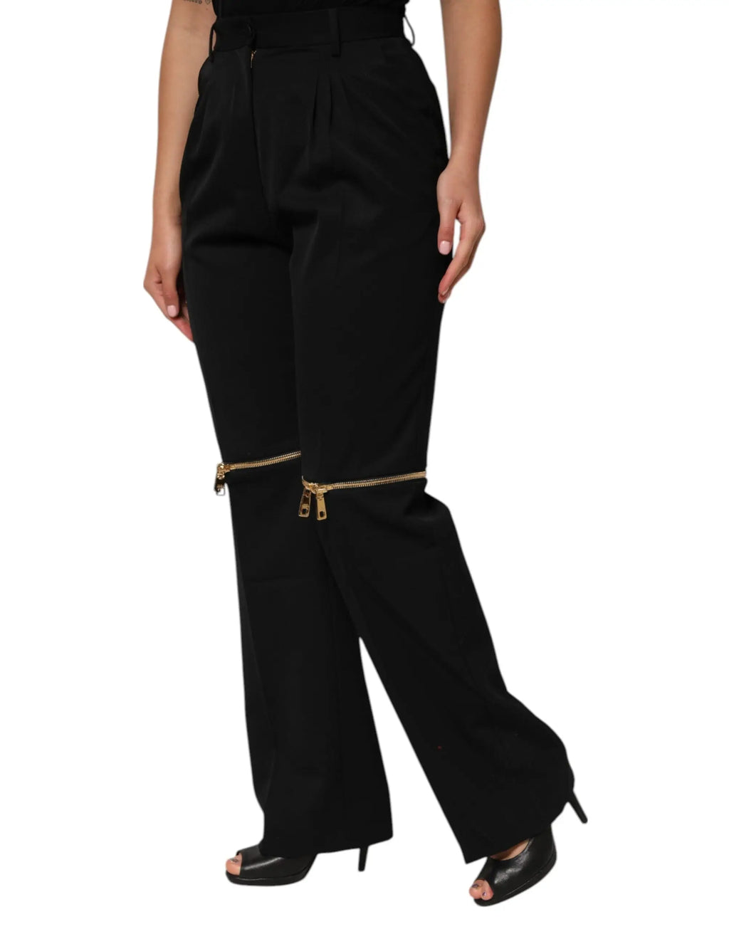 Pantalon droit en laine noire dolce gabbana à jambes larges avec zips dorés aux chevilles