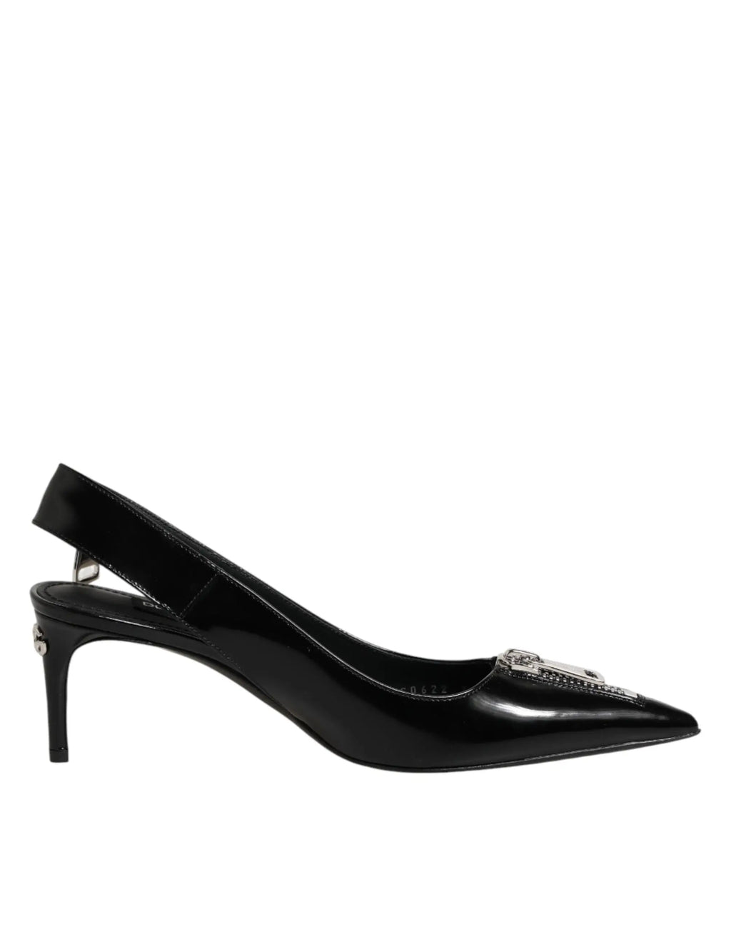 Dolce & gabbana black patent leather slingback pump with silver-toned embellished toe clasp