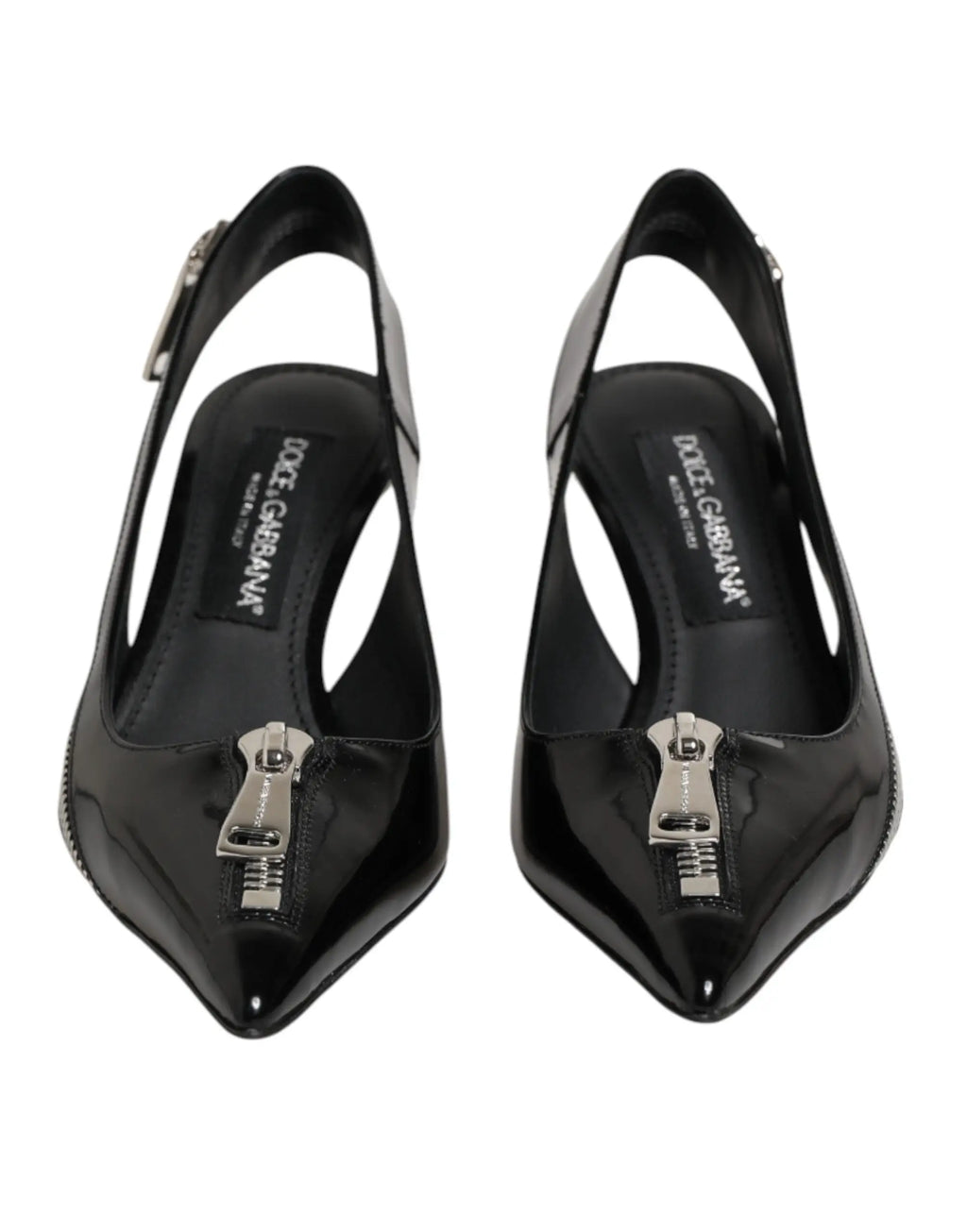 Dolce & gabbana slingback pumps en cuir verni noir avec bout pointu et détail de fermeture éclair argentée
