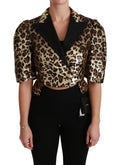 Blazer court dolce & gabbana léopard doré avec sequins, revers en velours noir et manches bouffantes métalliques