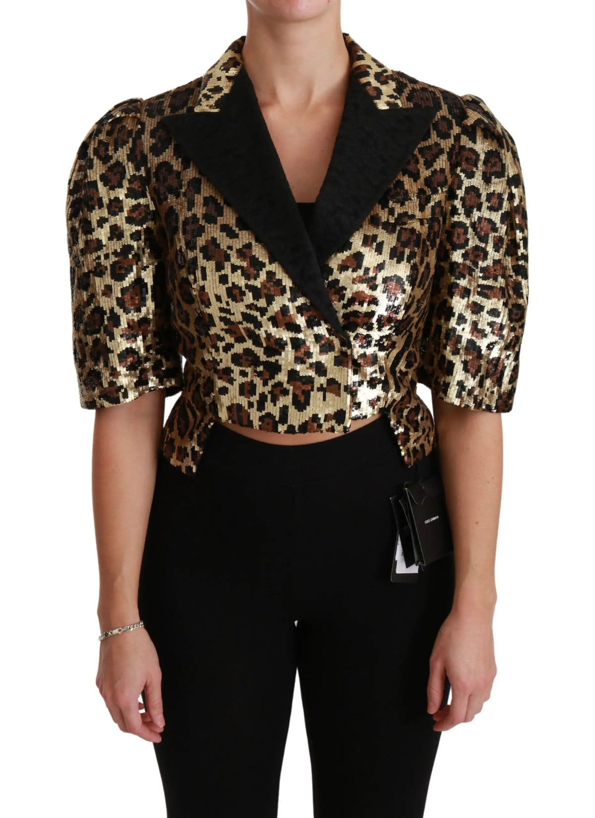 Blazer court dolce & gabbana léopard doré avec sequins, revers en velours noir et manches bouffantes métalliques