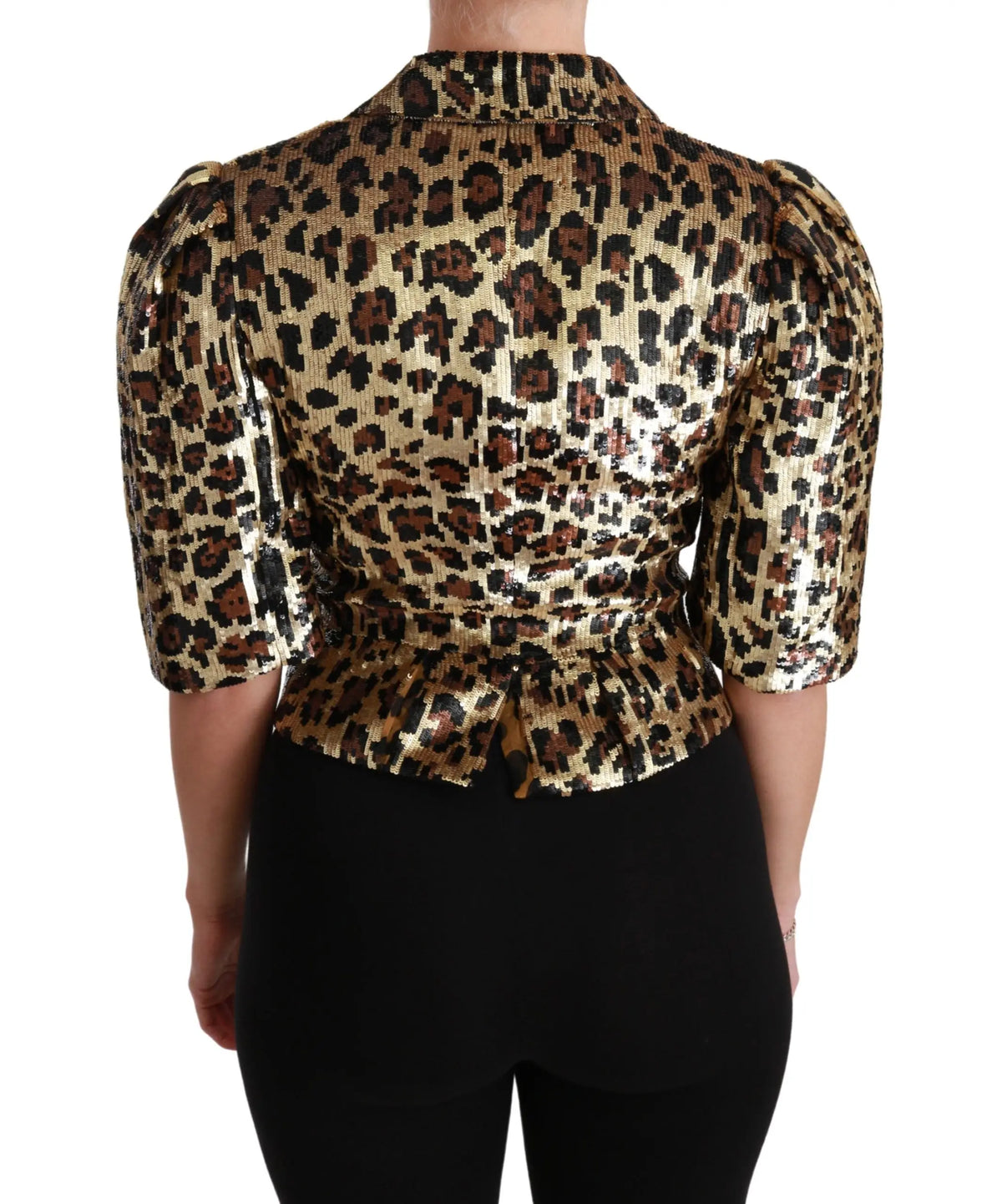 Veste courte dolce & gabbana en sequins leopard dorés et noirs avec manches bouffantes