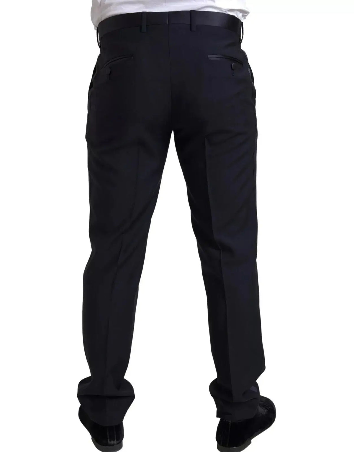 Pantalon formel noir dolce & gabbana avec coupe ajustée et plis subtils pour costume martini bleu trois pièces