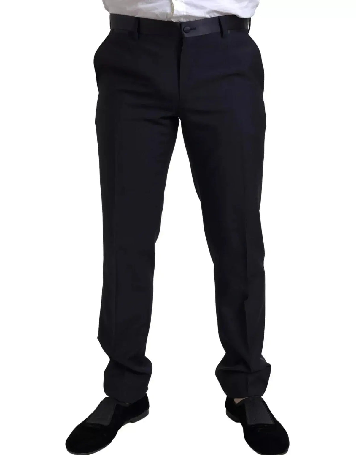 Pantalon formel noir dolce & gabbana à coupe droite élégante avec plis subtils, partie du costume martini bleu 3 pièces