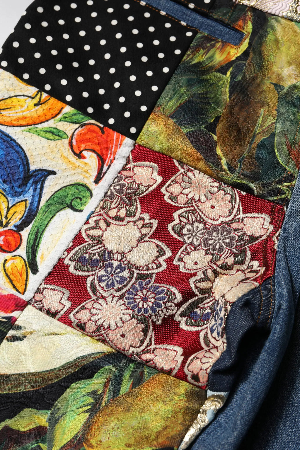 Jeans en denim taille haute dolce & gabbana bleu amber avec patchwork coloré floral et motifs botaniques