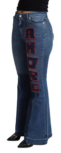 Pantalon boot cut en coton stretch bleu dolce & gabbana avec broderie amoureuse en rouge et marine sur la jambe