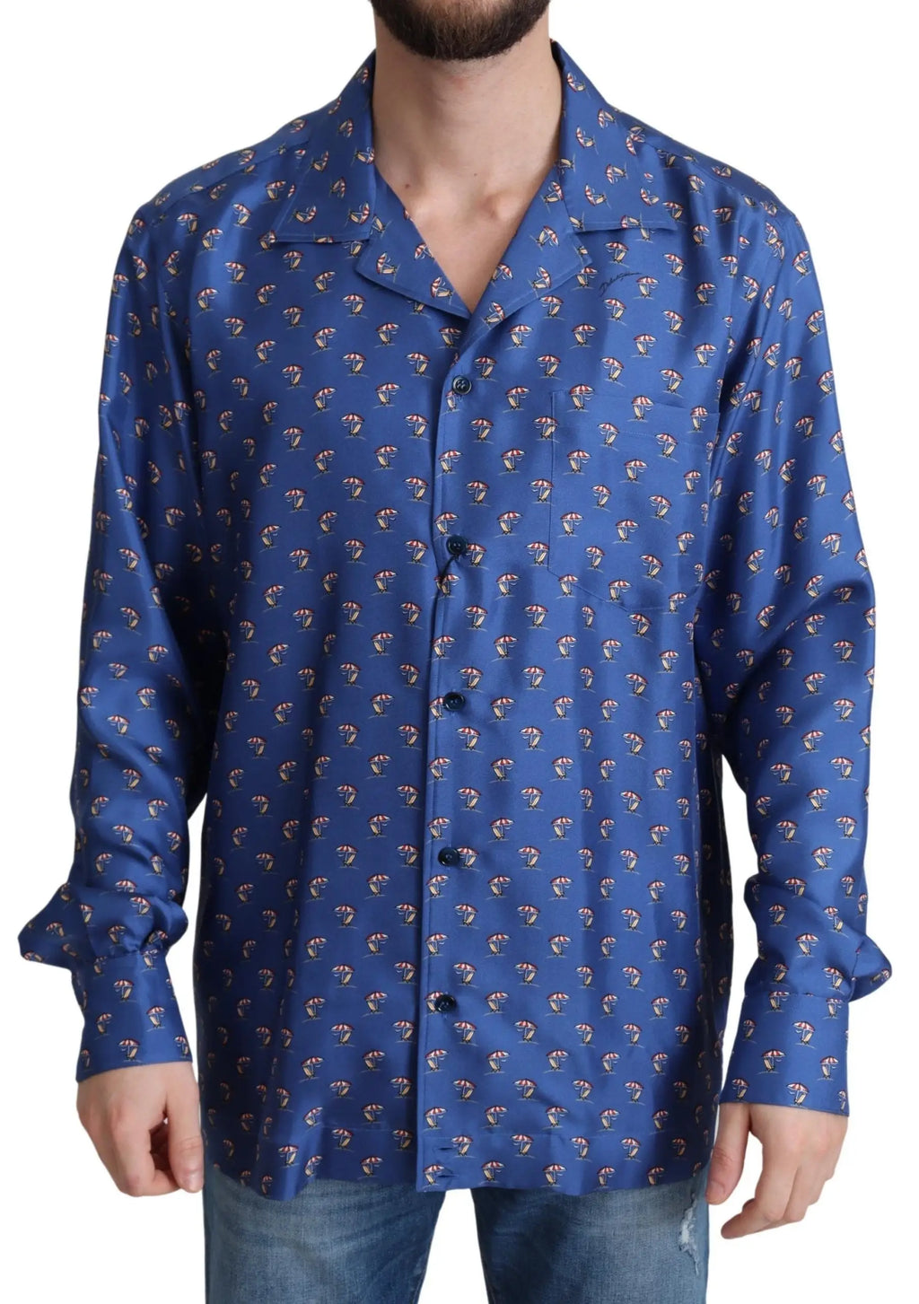 Chemise en soie bleu dolce & gabbana à boutons avec motif répétitif de petits éventails rose pâle et beige