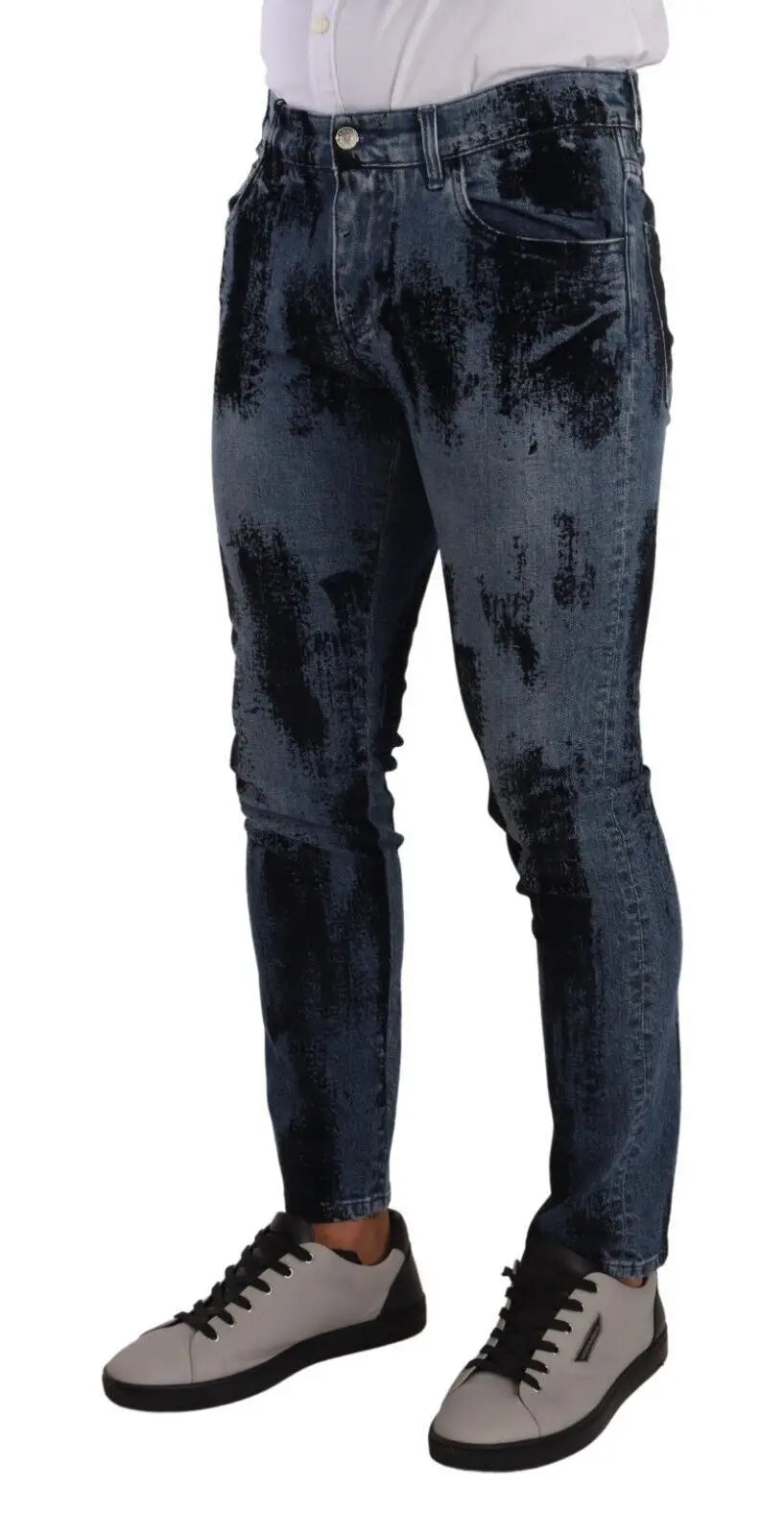 Dolce & gabbana jeans skinny en coton bleu noir avec motif tie-dye délavé et effet distressed