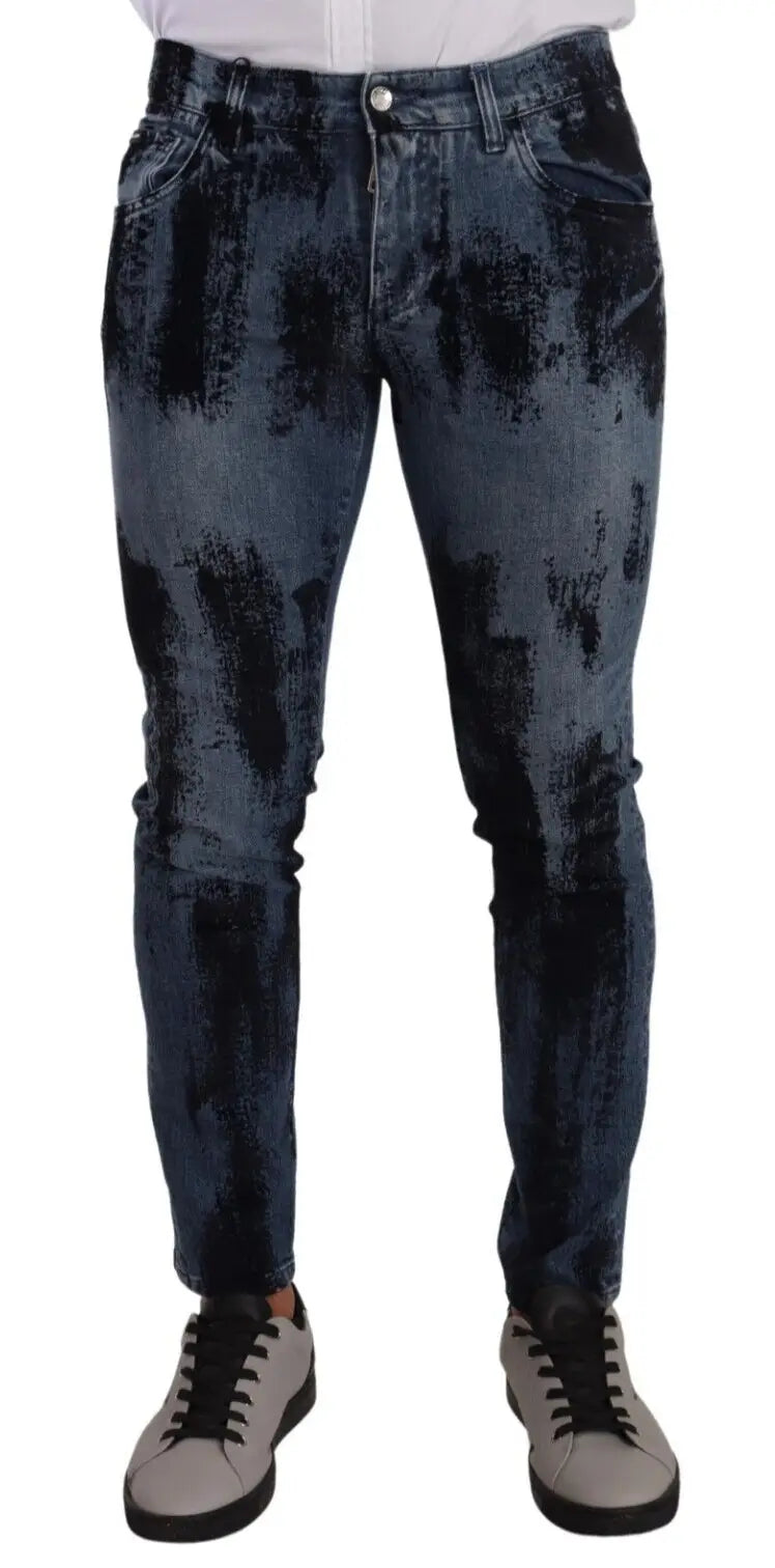 Jean slim coton bleu noir avec effet délavé et tie dye de Dolce & Gabbana en denim