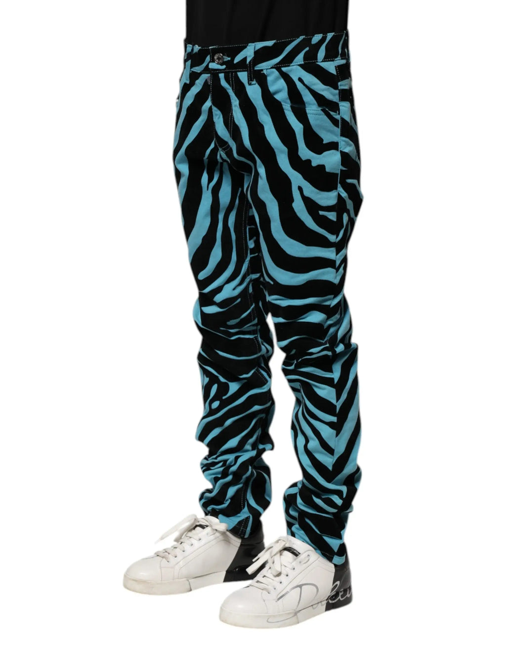 Jean skinny en denim bleu avec rayures zébrées noires dolce et gabbana