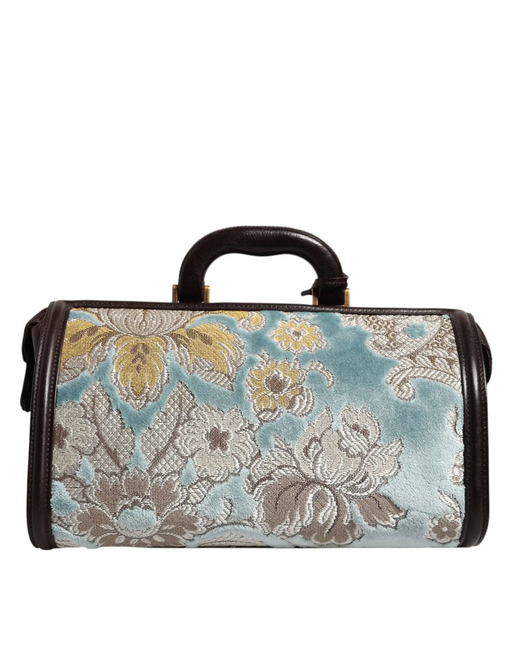 Sac à main de voyage dolce & gabbana en jacquard floral bleu et or avec garniture en cuir marron et poignée incurvée