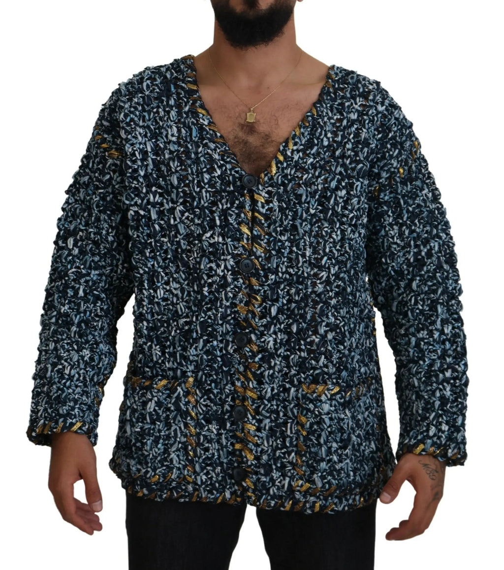 Cardigan bleu dolce & gabbana fait à la main en maille texturée avec boutons et poignets bordés d or