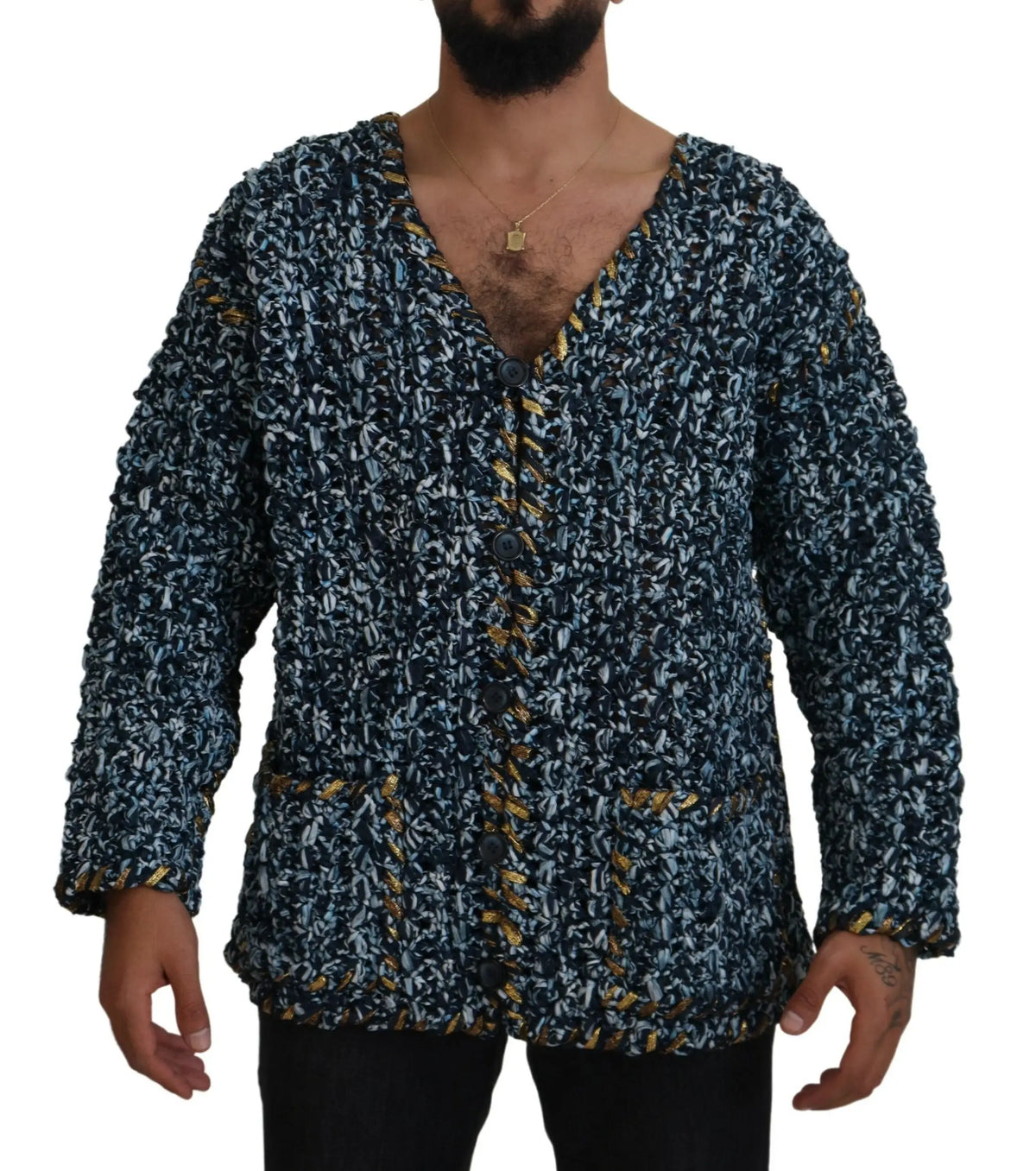 Cardigan bleu dolce & gabbana fait à la main en maille texturée avec boutons et poignets bordés d or
