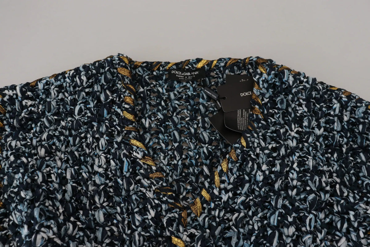 Cardigan dolce & gabbana bleu et blanc en tricot texturé avec fils dorés et étiquette de marque visible