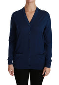 Cardigan bleu marine dolce & gabbana en laine vierge avec col en v, boutons et poches avant