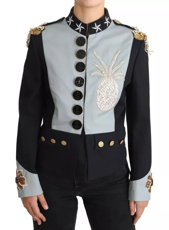 Dolce & gabbana veste militaire en coton bleu avec boutons dorés, broderie d’ananas et étoiles sur le col