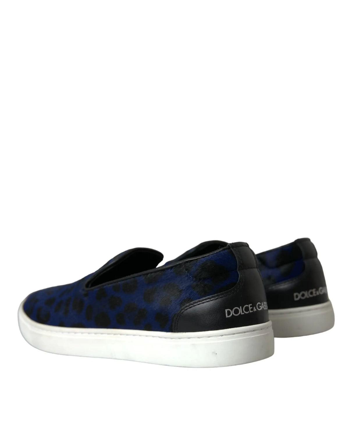 Navy blue leopard-print dolce & gabbana slip-on sneakers in calfskin leather with white rubber soles shown from the back
