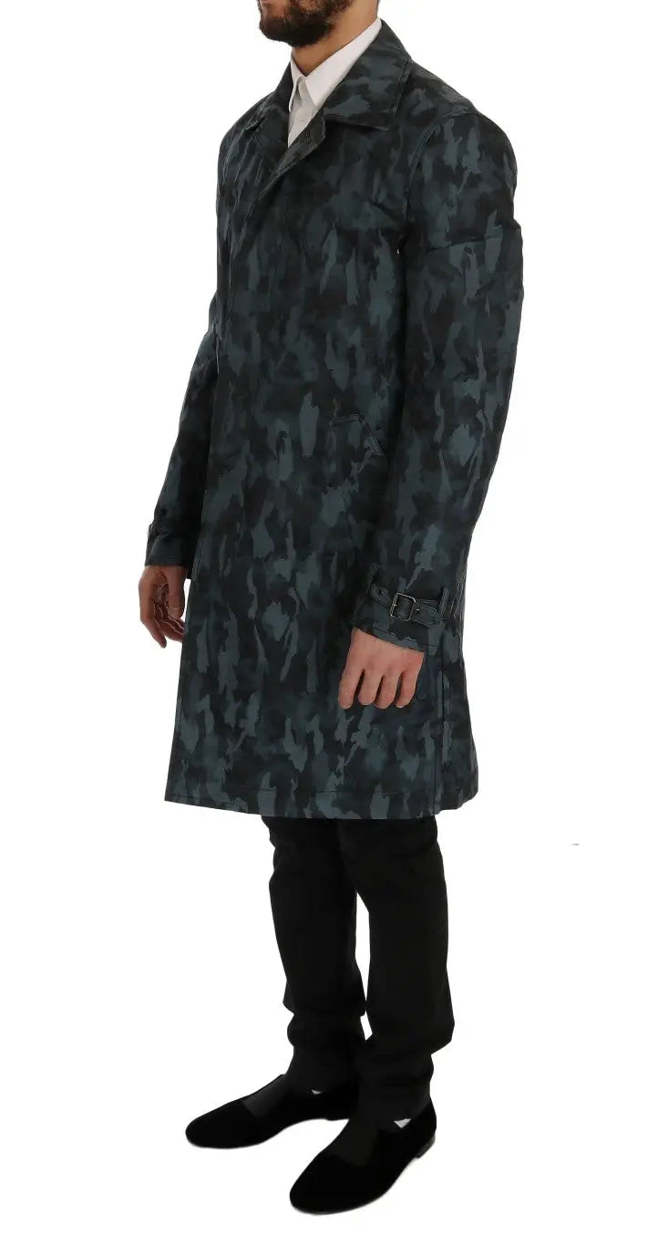 Trench-coat dolce & gabbana bleu camouflage vert foncé et noir avec col classique et ceinture à la taille