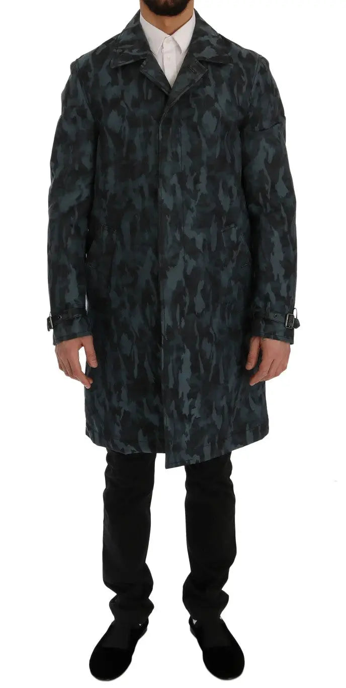 Manteau trench dolce & gabbana bleu camouflage en tissu vert foncé et noir au motif camouflage