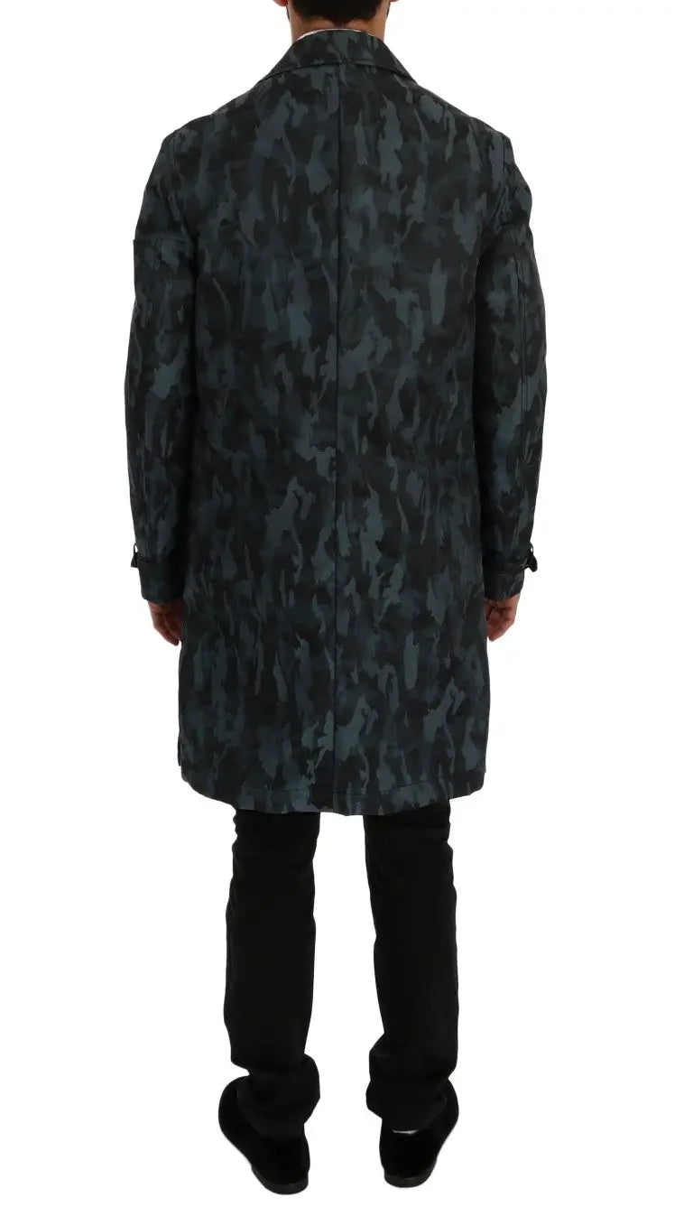 Dolce & gabbana trench bleu camouflage en laine avec motif camouflage vert foncé et noir