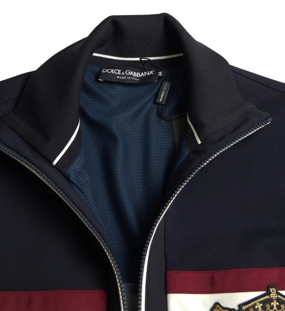 Dolce & gabbana blue cardigan heraldic full zip sweater with navy blue white stripes and maroon accent stripe