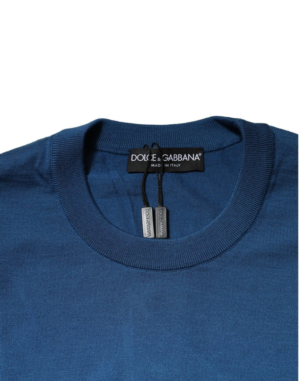 Pull dolce and gabbana bleu profond en cachemire avec col rond côtelé et étiquette noire de la marque
