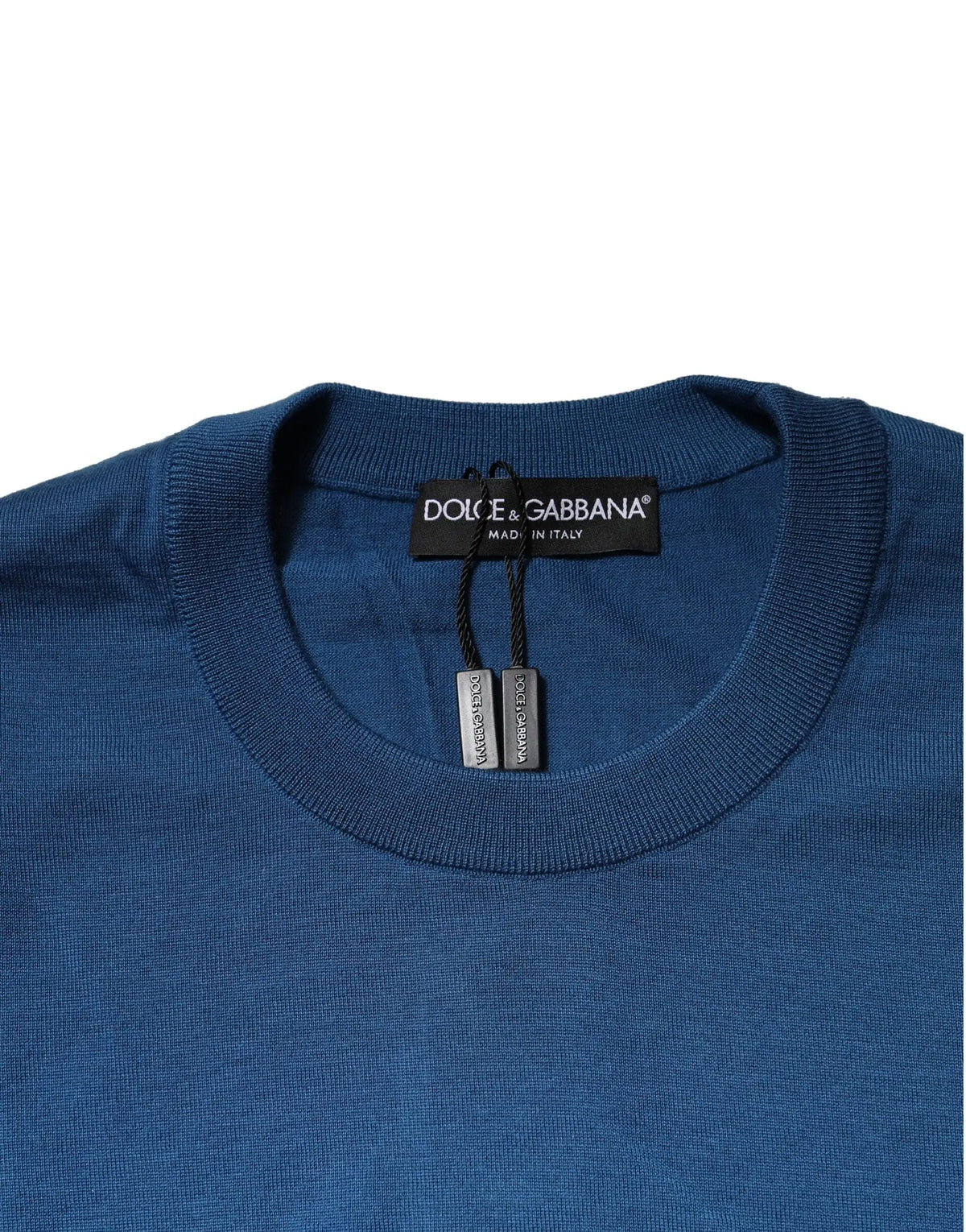 Pull dolce and gabbana bleu profond en cachemire avec col rond côtelé et étiquette noire de la marque