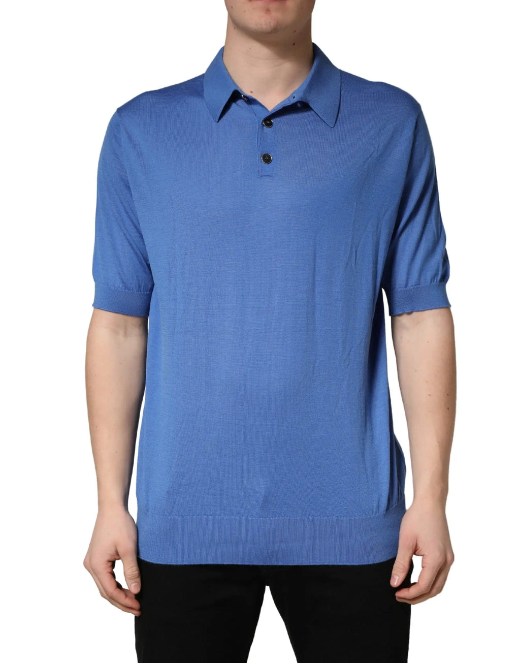 Polo dolce & gabbana bleu en cachemire à manches courtes avec col et poignets côtelés